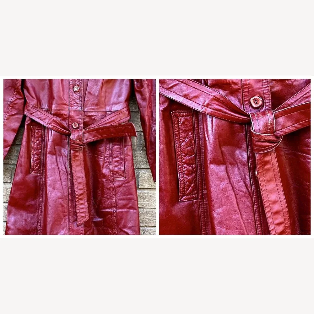 Vintage 70’s Long Leather Trench Coat Penny Lane Oxblood Belted Maxi Boho Jacket - Picture 5 of 17